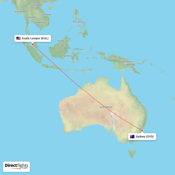 Kuala Lumpur - Sydney direct flight map