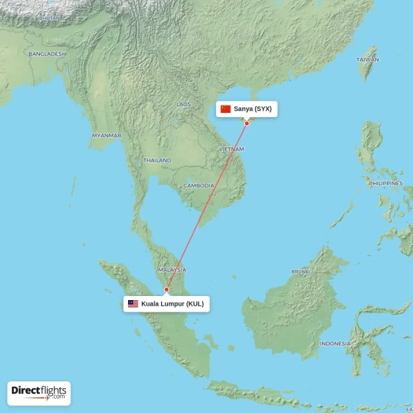 Kuala Lumpur - Sanya direct flight map