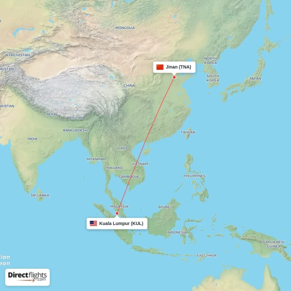 Kuala Lumpur - Jinan direct flight map