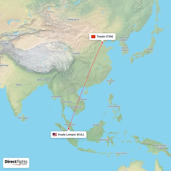 Kuala Lumpur - Tianjin direct flight map