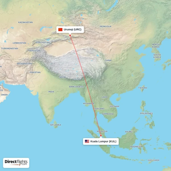 Kuala Lumpur - Urumqi direct flight map