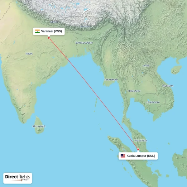 Kuala Lumpur - Varanasi direct flight map