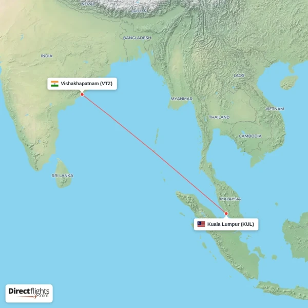 Kuala Lumpur - Vishakhapatnam direct flight map