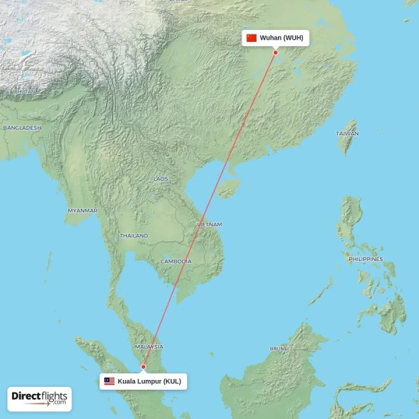 Kuala Lumpur - Wuhan direct flight map