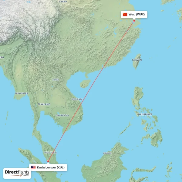 Kuala Lumpur - Wuxi direct flight map