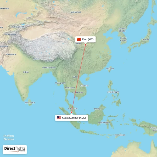 Kuala Lumpur - Xian direct flight map