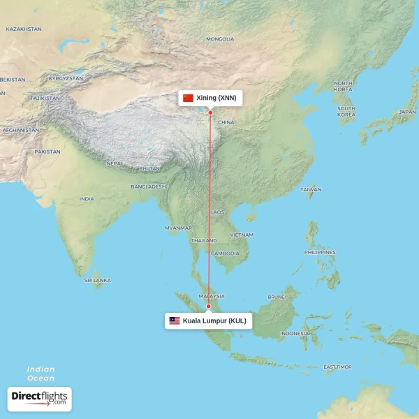 Kuala Lumpur - Xining direct flight map