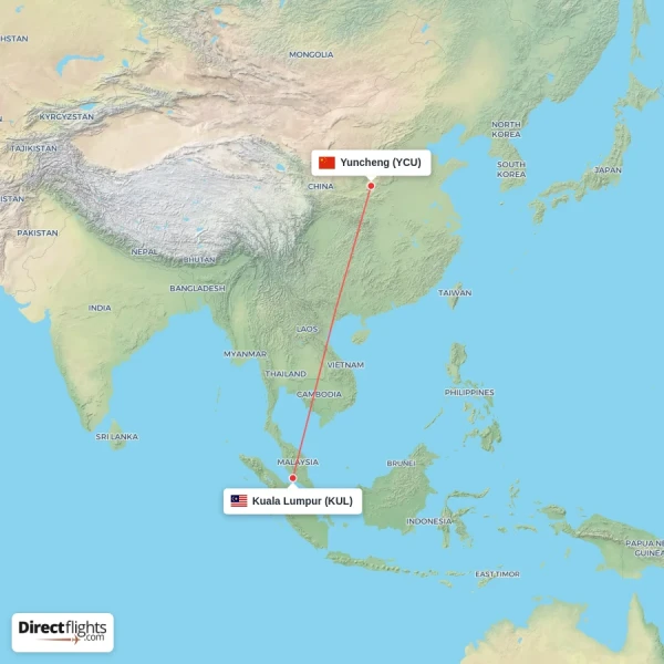 Kuala Lumpur - Yuncheng direct flight map