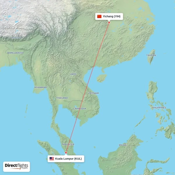 Kuala Lumpur - Yichang direct flight map