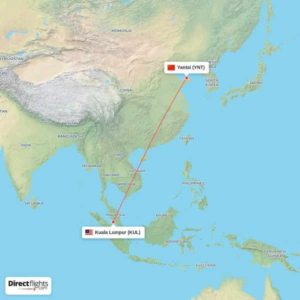 Kuala Lumpur - Yantai direct flight map