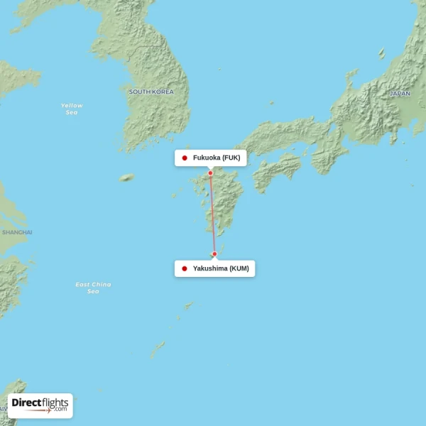 Yakushima - Fukuoka direct flight map