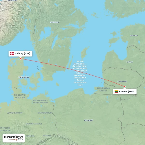 Kaunas - Aalborg direct flight map