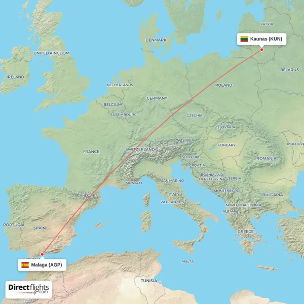 Kaunas - Malaga direct flight map