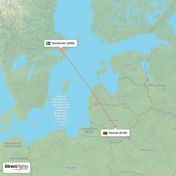 Kaunas - Stockholm direct flight map
