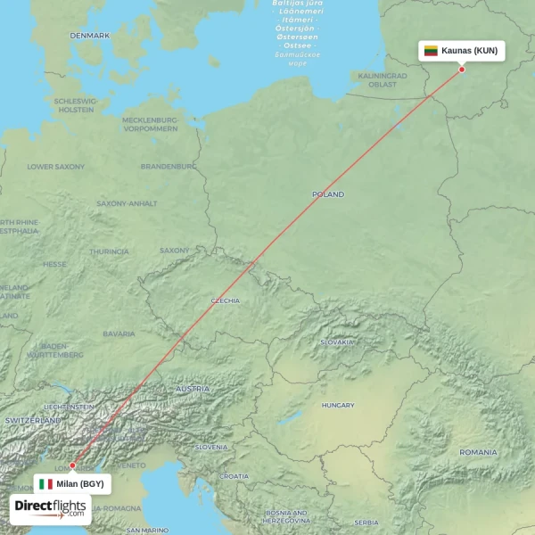 Kaunas - Milan direct flight map
