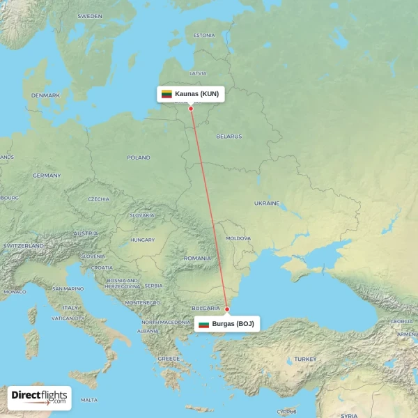 Kaunas - Burgas direct flight map