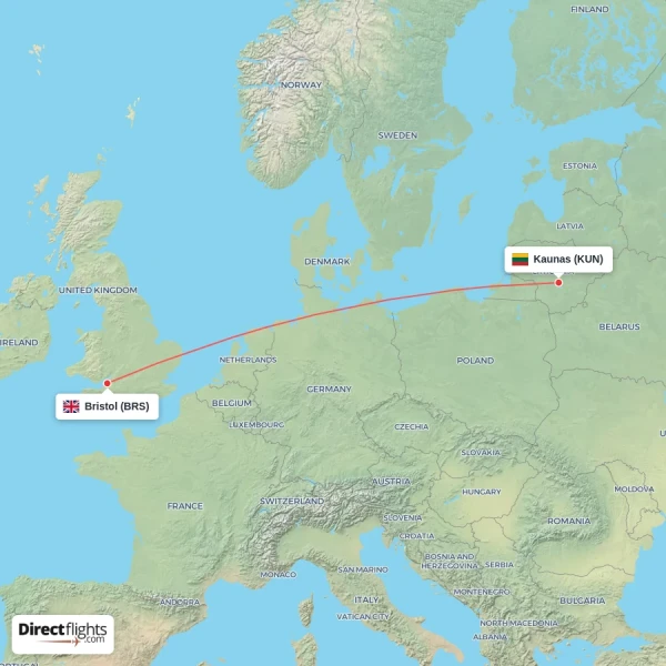 Kaunas - Bristol direct flight map