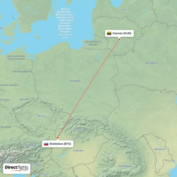 Kaunas - Bratislava direct flight map