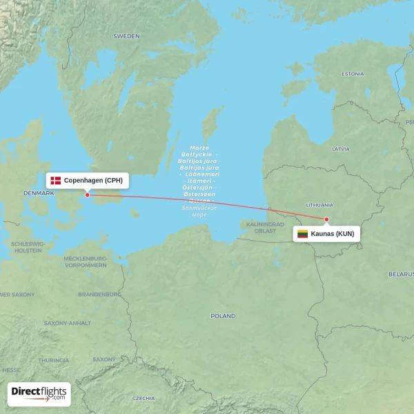 Kaunas - Copenhagen direct flight map