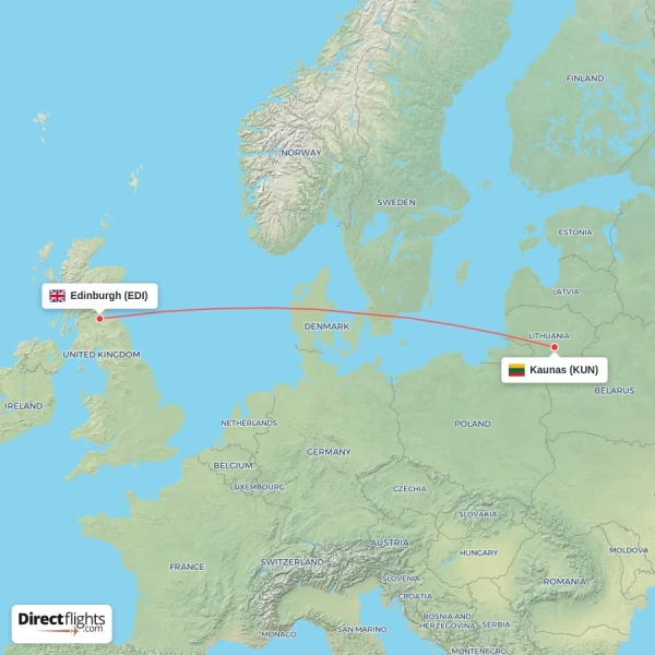 Kaunas - Edinburgh direct flight map