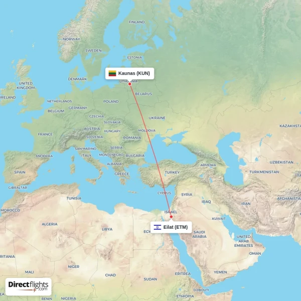 Kaunas - Eilat direct flight map