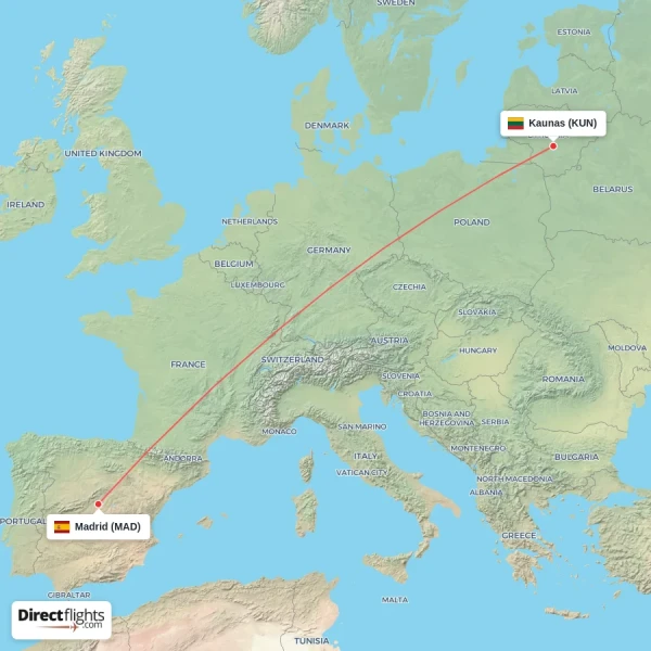 Kaunas - Madrid direct flight map