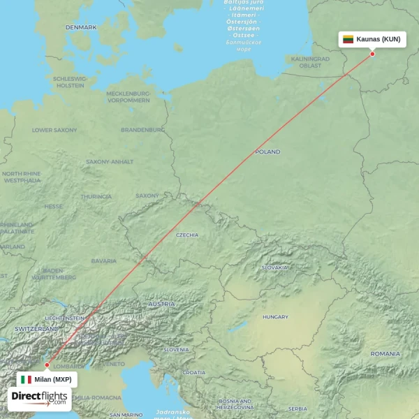 Kaunas - Milan direct flight map