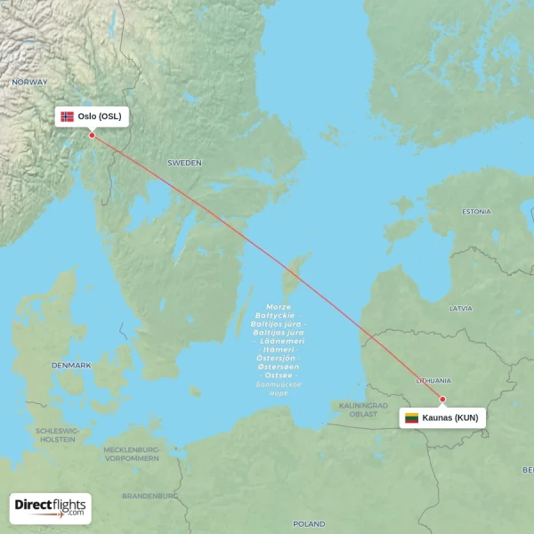 Kaunas - Oslo direct flight map