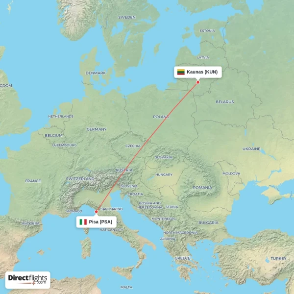 Kaunas - Pisa direct flight map