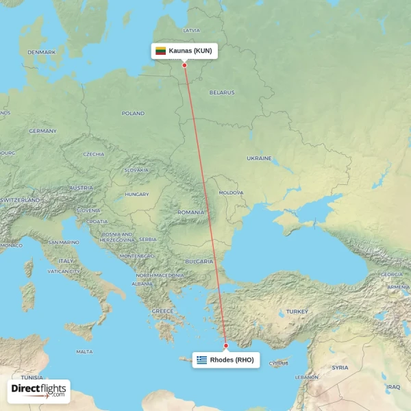 Kaunas - Rhodes direct flight map
