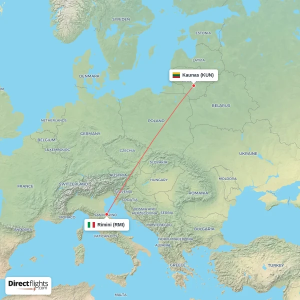 Kaunas - Rimini direct flight map