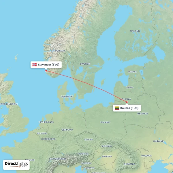 Kaunas - Stavanger direct flight map