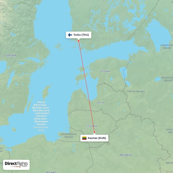 Kaunas - Turku direct flight map