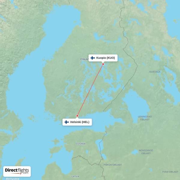 Kuopio - Helsinki direct flight map