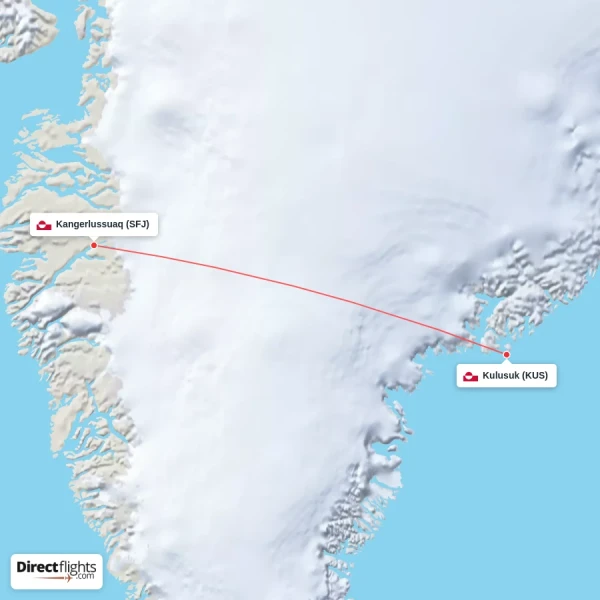 Kulusuk - Kangerlussuaq direct flight map