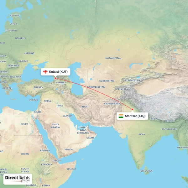 Kutaisi - Amritsar direct flight map
