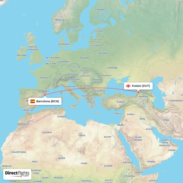 Kutaisi - Barcelona direct flight map