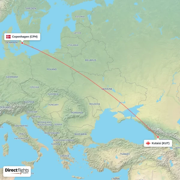 Kutaisi - Copenhagen direct flight map