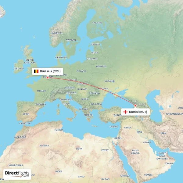 Kutaisi - Brussels direct flight map