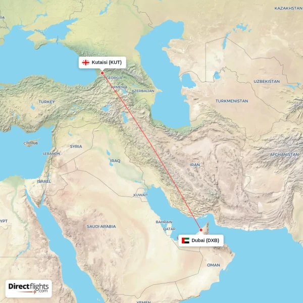 Kutaisi - Dubai direct flight map