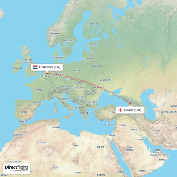Kutaisi - Eindhoven direct flight map
