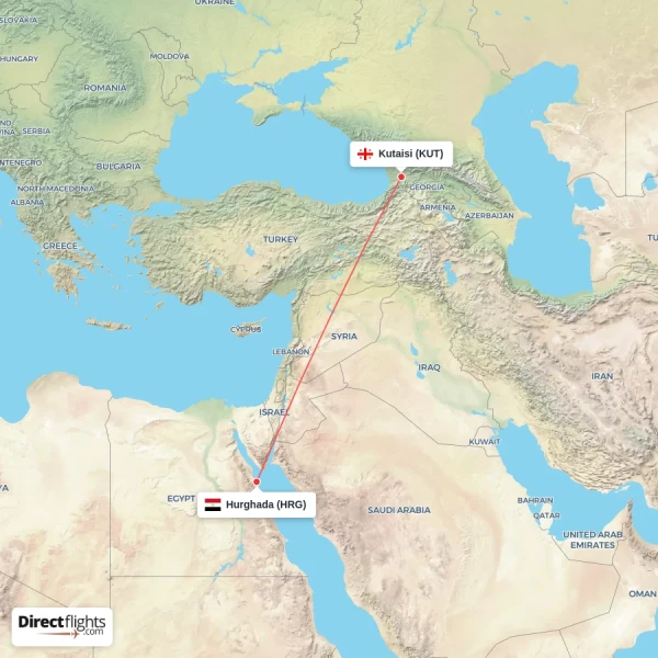 Kutaisi - Hurghada direct flight map