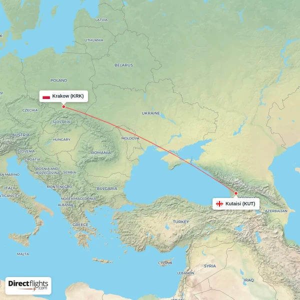 Kutaisi - Krakow direct flight map