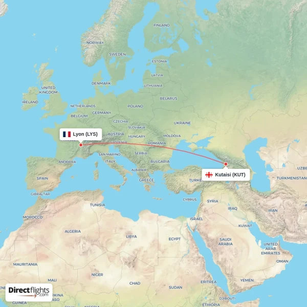 Kutaisi - Lyon direct flight map
