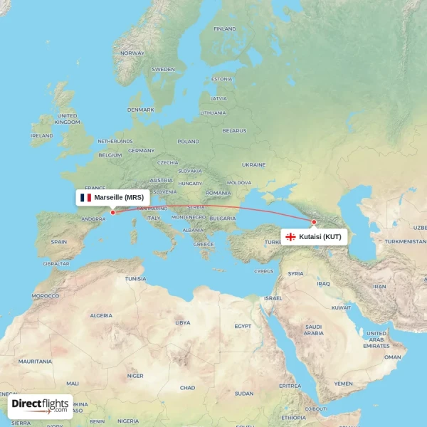 Kutaisi - Marseille direct flight map
