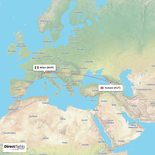 Kutaisi - Milan direct flight map