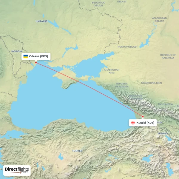 Kutaisi - Odessa direct flight map