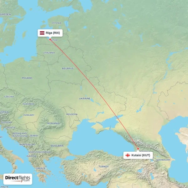 Kutaisi - Riga direct flight map