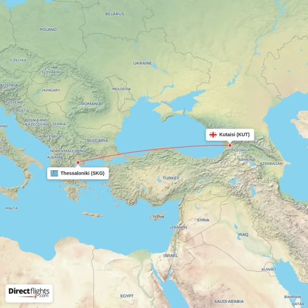 Kutaisi - Thessaloniki direct flight map