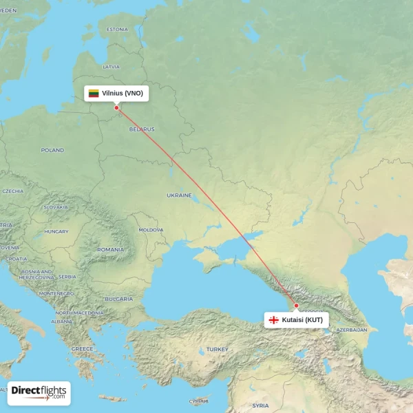 Kutaisi - Vilnius direct flight map
